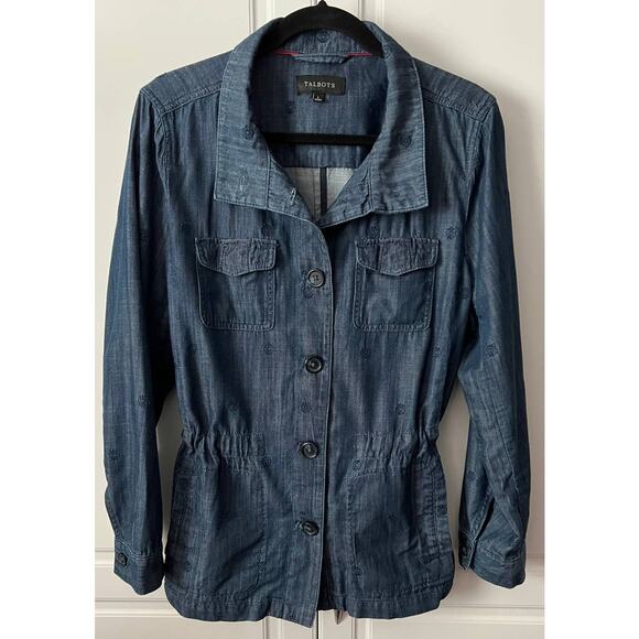 Talbots Chambray Safari Style Jacket with Embroidery Size L NWOT - Picture 9 of 10